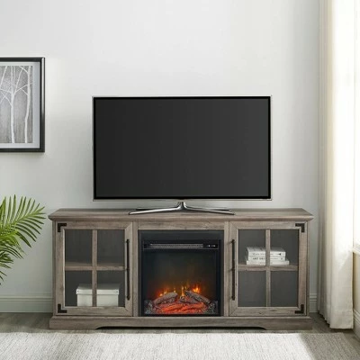 Avalene Rustic Farmhouse 2 Door Window Pane with Electric Fireplace TV Stand for TVs up to 65" - Saracina Home Rustic Oak 6 Avalene Rustic Farmhouse 2 Door Window Pane with Electric Fireplace TV Stand for TVs up to 65" - Saracina Home Rustic Oak - Image 4