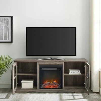 Avalene Rustic Farmhouse 2 Door Window Pane with Electric Fireplace TV Stand for TVs up to 65" - Saracina Home Rustic Oak 9 Avalene Rustic Farmhouse 2 Door Window Pane with Electric Fireplace TV Stand for TVs up to 65" - Saracina Home Rustic Oak - Image 7