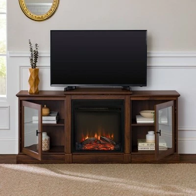 Tiered Double Door Electric Fireplace TV Stand for TVs up to 30" - Saracina Home Dark Walnut 3 Tiered Double Door Electric Fireplace TV Stand for TVs up to 30" - Saracina Home Dark Walnut