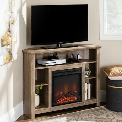 Wood Open Shelf Corner Highboy Electric Fireplace TV Stand for TVs up to 50" - Saracina Home Black 3 Wood Open Shelf Corner Highboy Electric Fireplace TV Stand for TVs up to 50" - Saracina Home Black