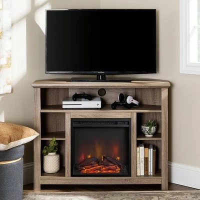 Wood Open Shelf Corner Highboy Electric Fireplace TV Stand for TVs up to 50" - Saracina Home Black 8 Wood Open Shelf Corner Highboy Electric Fireplace TV Stand for TVs up to 50" - Saracina Home Black - Image 6
