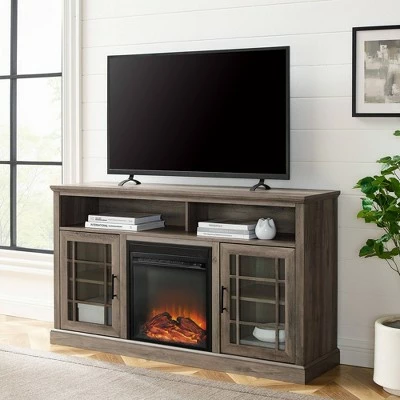 Gertie Transitional Highboy Glass Window Pane Door with Electric Fireplace TV Stand for TVs up to 65" - Saracina Home Gray Wash 4 Gertie Transitional Highboy Glass Window Pane Door with Electric Fireplace TV Stand for TVs up to 65" - Saracina Home Gray Wash - Image 2