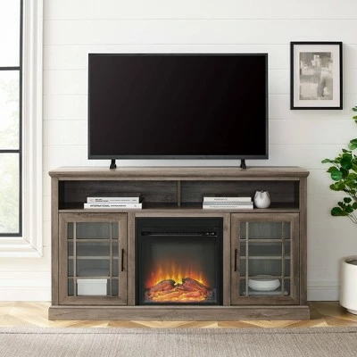Gertie Transitional Highboy Glass Window Pane Door with Electric Fireplace TV Stand for TVs up to 65" - Saracina Home Gray Wash 5 Gertie Transitional Highboy Glass Window Pane Door with Electric Fireplace TV Stand for TVs up to 65" - Saracina Home Gray Wash - Image 3