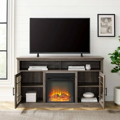 Gertie Transitional Highboy Glass Window Pane Door with Electric Fireplace TV Stand for TVs up to 65" - Saracina Home Gray Wash 6 Gertie Transitional Highboy Glass Window Pane Door with Electric Fireplace TV Stand for TVs up to 65" - Saracina Home Gray Wash - Image 4