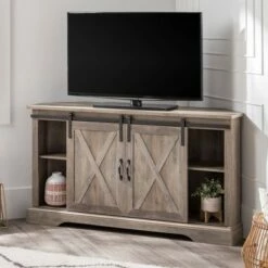 Robinson Rustic Farmhouse Sliding Barn Door Corner TV Stand for TVs up to 58" - Saracina Home Rustic Oak/solid White