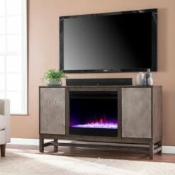 Tifchar Color Changing Fireplace with Media Storage Brown/Silver - Aiden Lane