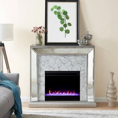 Tynchel Mirrored Faux Stone Fireplace with Color Changing Firebox Antique Silver - Aiden Lane 3 Tynchel Mirrored Faux Stone Fireplace with Color Changing Firebox Antique Silver - Aiden Lane