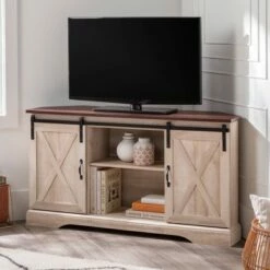 Robinson Rustic Farmhouse Sliding Barn Door Corner TV Stand for TVs up to 58" - Saracina Home Rustic Oak/solid White -Cheap TV Stands Store unnamed file 178