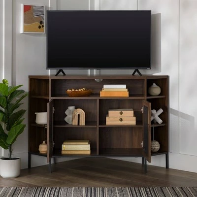 Corner TV Stand for TVs up to 55" with Metal Mesh Doors - Saracina Home Rustic Oak 3 Corner TV Stand for TVs up to 55" with Metal Mesh Doors - Saracina Home Rustic Oak