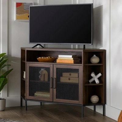 Corner TV Stand for TVs up to 55" with Metal Mesh Doors - Saracina Home Rustic Oak 13 Corner TV Stand for TVs up to 55" with Metal Mesh Doors - Saracina Home Rustic Oak - Image 11