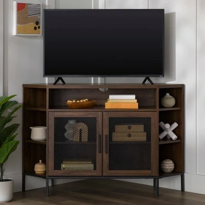 Corner TV Stand for TVs up to 55" with Metal Mesh Doors - Saracina Home Rustic Oak 14 Corner TV Stand for TVs up to 55" with Metal Mesh Doors - Saracina Home Rustic Oak - Image 12