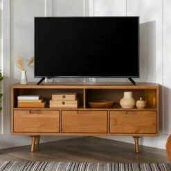 Cara Mid-Century Modern 3 Drawer Corner TV Stand for TVs up to 55" - Saracina Home Walnut