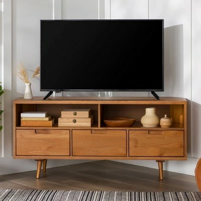 Cara Mid-Century Modern 3 Drawer Corner TV Stand for TVs up to 55" - Saracina Home Walnut 3 Cara Mid-Century Modern 3 Drawer Corner TV Stand for TVs up to 55" - Saracina Home Walnut