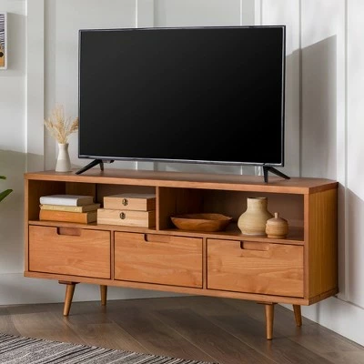 Cara Mid-Century Modern 3 Drawer Corner TV Stand for TVs up to 55" - Saracina Home Walnut 10 Cara Mid-Century Modern 3 Drawer Corner TV Stand for TVs up to 55" - Saracina Home Walnut - Image 8