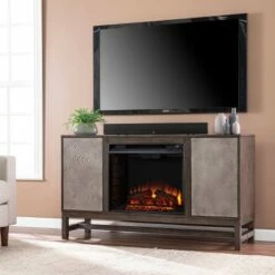 Tifchar Electric Fireplace with Media Storage Brown/Silver - Aiden Lane
