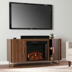 Farnsmet Electric Fireplace with Media Storage Brown/Gold - Aiden Lane