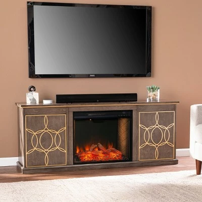 Tiessil Smart Fireplace Console with Media Storage Brown/Gold - Aiden Lane 5 Tiessil Smart Fireplace Console with Media Storage Brown/Gold - Aiden Lane - Image 3