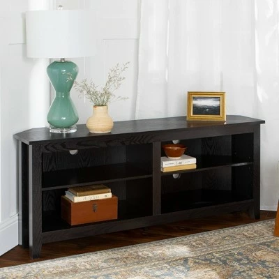 Farmhouse 4 Cubby Wood Open Storage Corner TV Stand for TVs up to 65" - Saracina Home Black 3 Farmhouse 4 Cubby Wood Open Storage Corner TV Stand for TVs up to 65" - Saracina Home Black