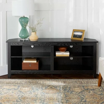 Farmhouse 4 Cubby Wood Open Storage Corner TV Stand for TVs up to 65" - Saracina Home Black 6 Farmhouse 4 Cubby Wood Open Storage Corner TV Stand for TVs up to 65" - Saracina Home Black - Image 4