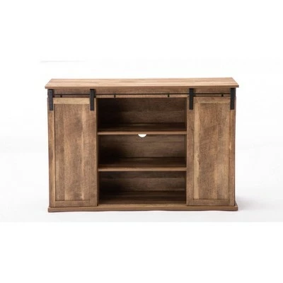 Rustic Media Cabinet with Barn Door and Open Storage Natural Brown - Benzara 4 Rustic Media Cabinet with Barn Door and Open Storage Natural Brown - Benzara - Image 2