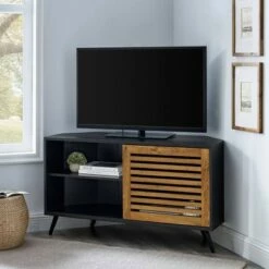Visconti Modern Boho Sliding Slat Door Corner TV Stand for TVs up to 50" - Saracina Home Barnwood/solid Black