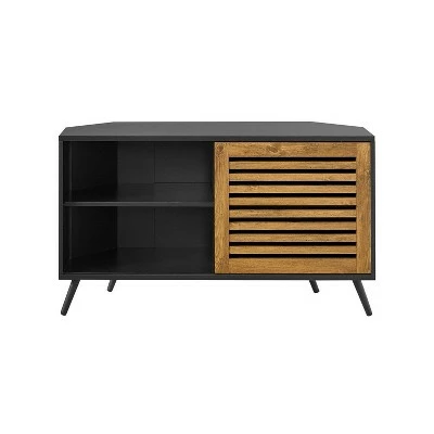 Visconti Modern Boho Sliding Slat Door Corner TV Stand for TVs up to 50" - Saracina Home Barnwood/solid Black 4 Visconti Modern Boho Sliding Slat Door Corner TV Stand for TVs up to 50" - Saracina Home Barnwood/solid Black - Image 2