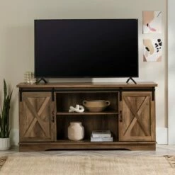 Modern Sliding Barndoor Farmhouse TV Stand for TVs up to 65" - Saracina Home White/rustic Oak -Cheap TV Stands Store unnamed file 3353