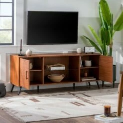 2 Door Mid-Century Modern Wood Storage TV Stand for TVs up to 65" - Saracina Home Dark Walnut -Cheap TV Stands Store unnamed file 3423