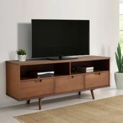 Cara Mid-Century Modern 3 Drawer TV Stand for TVs up to 65" - Saracina Home Caramel