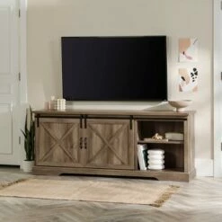 Clarabelle Double Sliding X Barn Door TV Stand for TVs up to 80" - Saracina Home Gray Wash