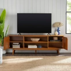Solid Wood Mid-Century Modern TV Stand for TVs up to 80" - Saracina Home Caramel