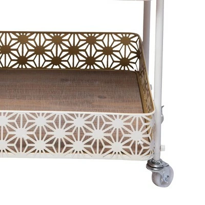 White and Brass Laser Cut Metal and Wood Two Tier Rolling Serving Bar Cart - Foreside Home & Garden 4 White and Brass Laser Cut Metal and Wood Two Tier Rolling Serving Bar Cart - Foreside Home & Garden - Image 3