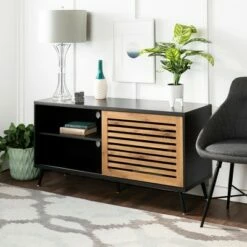 Visconti Modern Boho Sliding Slat Door TV Stand for TVs up to 58" - Saracina Home Gray Wash