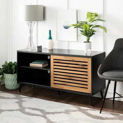 Visconti Modern Boho Sliding Slat Door TV Stand for TVs up to 58" - Saracina Home Gray Wash 3 Visconti Modern Boho Sliding Slat Door TV Stand for TVs up to 58" - Saracina Home Gray Wash