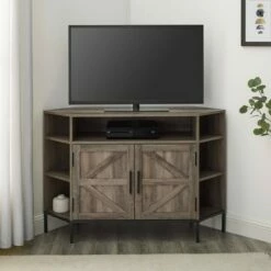Atticus Modern Farmhouse 2 Door Corner TV Stand for TVs up to 55" - Saracina Home Rustic Oak