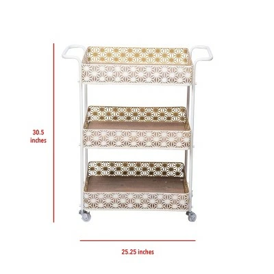 White and Brass Laser Cut Metal and Wood Two Tier Rolling Serving Bar Cart - Foreside Home & Garden 5 White and Brass Laser Cut Metal and Wood Two Tier Rolling Serving Bar Cart - Foreside Home & Garden - Image 4