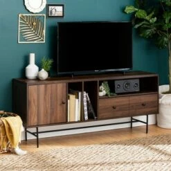 Modern Vinyl Record Player Storage TV Stand for TVs up to 65" - Saracina Home Dark Walnut
