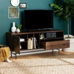 Modern Vinyl Record Player Storage TV Stand for TVs up to 65" - Saracina Home Dark Walnut -Cheap TV Stands Store unnamed file 4144