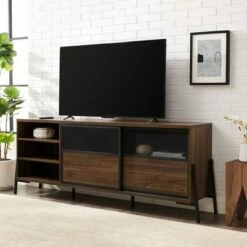 Modern Industrial Metal Mesh Sliding Door TV Stand for TVs up to 80" - Saracina Home Dark Walnut -Cheap TV Stands Store unnamed file 4212