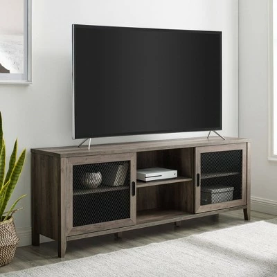 Industrial Farmhouse Sliding Mesh Door Console TV Stand for TVs up to 80" - Saracina Home Faux Dark Concrete/rustic Oak 3 Industrial Farmhouse Sliding Mesh Door Console TV Stand for TVs up to 80" - Saracina Home Faux Dark Concrete/rustic Oak