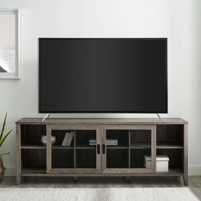 Industrial Farmhouse Sliding Mesh Door Console TV Stand for TVs up to 80" - Saracina Home Faux Dark Concrete/rustic Oak 9 Industrial Farmhouse Sliding Mesh Door Console TV Stand for TVs up to 80" - Saracina Home Faux Dark Concrete/rustic Oak - Image 7