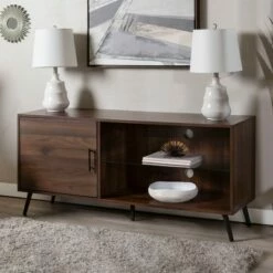 Single Door Mid-Century Modern TV Stand for TVs up to 58" - Saracina Home English Oak