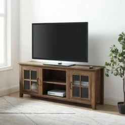 Tasi Transitional Farmhouse Window Pane Door TV Stand for TVs up to 65" - Saracina Home Gray Wash