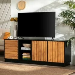 Kumi Modern Boho Solid Wood Plank Door with Cord Management TV Stand for TVs up to 85" - Saracina Home Caramel/white