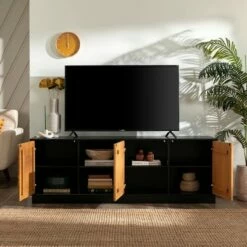 Kumi Modern Boho Solid Wood Plank Door with Cord Management TV Stand for TVs up to 85" - Saracina Home Caramel/white -Cheap TV Stands Store unnamed file 4646