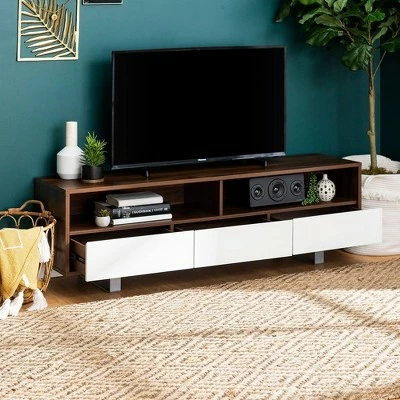 Modern 3 Drawer Low Console TV Stand for TVs up to 65" Dark Walnut - Saracina Home 4 Modern 3 Drawer Low Console TV Stand for TVs up to 65" Dark Walnut - Saracina Home - Image 2