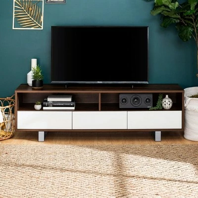 Modern 3 Drawer Low Console TV Stand for TVs up to 65" Dark Walnut - Saracina Home 11 Modern 3 Drawer Low Console TV Stand for TVs up to 65" Dark Walnut - Saracina Home - Image 9