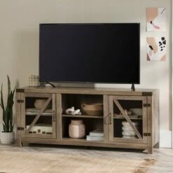 Clarabelle Farmhouse Glass Barn Door TV Stand for TVs up to 65" - Saracina Home Stone Gray
