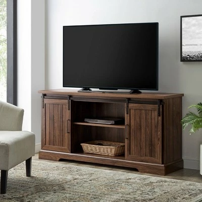 Adelaide Double Sliding Door TV Stand for TVs up to 65" Dark Walnut - Saracina Home 4 Adelaide Double Sliding Door TV Stand for TVs up to 65" Dark Walnut - Saracina Home - Image 2
