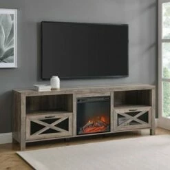Newark Industrial Farmhouse Drop Down Metal Mesh X Door with Electric Fireplace TV Stand for TVs up to 80" - Saracina Home Brushed White